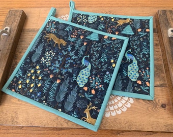 Rifle Paper Co. Potholders, Camont Menagerie in Black potholders, Set of 2 Quilted Pot Holders, 8 1/2" x 8 1/2"