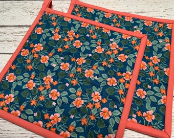 Rifle Paper Co. Potholders, Bramble Briar in Navy Pot Holders, Set of 2 Quilted Pot Holders, 8 1/2" x 8 1/2"