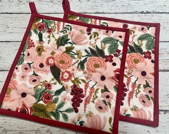 Rifle Paper Co. Potholders, Set of 2 Quilted Pot Holders, Floral Hotpads