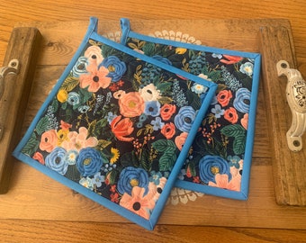 Rifle Paper Potholders, Set of 2 Quilted Hotpads, Garden Party Potholders, 8 1/2” x 8 1/2”