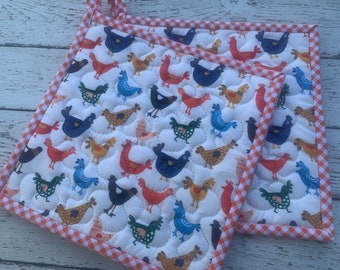 Modern Farmhouse Chicken Potholders, Set of 2 Pot Holders, Hostess Gift