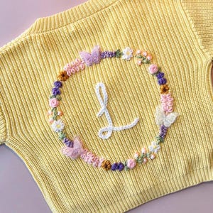 FLORAL WREATH and BUTTERFLIES Cardigan with pockets, Hand Embroidered on back, Initial Letter Personalised Knit for Babies and Kids, Tulips