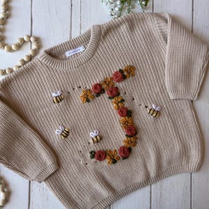 BUZZY BEES FLORAL Letter, Flower Letter Sweater, Bee Letter Jumper, Autumn Colour Flowers, Floral Bee Embroidery Personalised Letter Jumper
