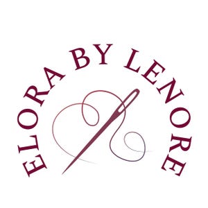 May include: Logo for "Flora by Lenore" in burgundy. The text "FLORA BY LENORE" arches over a needle and thread forming a heart shape. The needle is burgundy, and the thread is a gradient from burgundy to light pink.