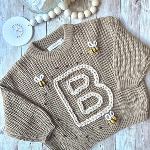 BUZZY BEES SWEATER, Bumblebee Sweater, Bee Letter Jumper, Kids Bee Jumper, Floral Bee Embroidery Garden Inspired Personalised Letter Jumper
