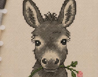 Donkey Cross Stitch Pattern PDF, Cute Baby Burro Small Embroidery Chart, Easy Farm Animal with Flower, SAGA, Modern Nursery Wall Decor