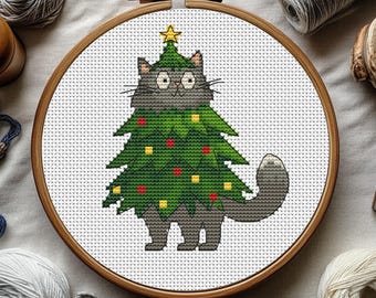 Meowy Tree Cross Stitch Pattern, Embroidery, Cat lover gift, PDF, Merry Christmas Counted cross stitch chart, Christmas tree Ornaments