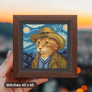 Van Gogh Cat Cross Stitch Pattern, easy mini embroidery, The Starry Night modern counted xstitch chart, PDF, Funny Famous masterpiece