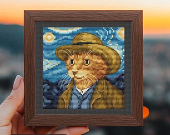 Van Gogh Cat Cross Stitch Pattern, easy mini embroidery, The Starry Night modern counted xstitch chart, PDF, Funny Famous masterpiece