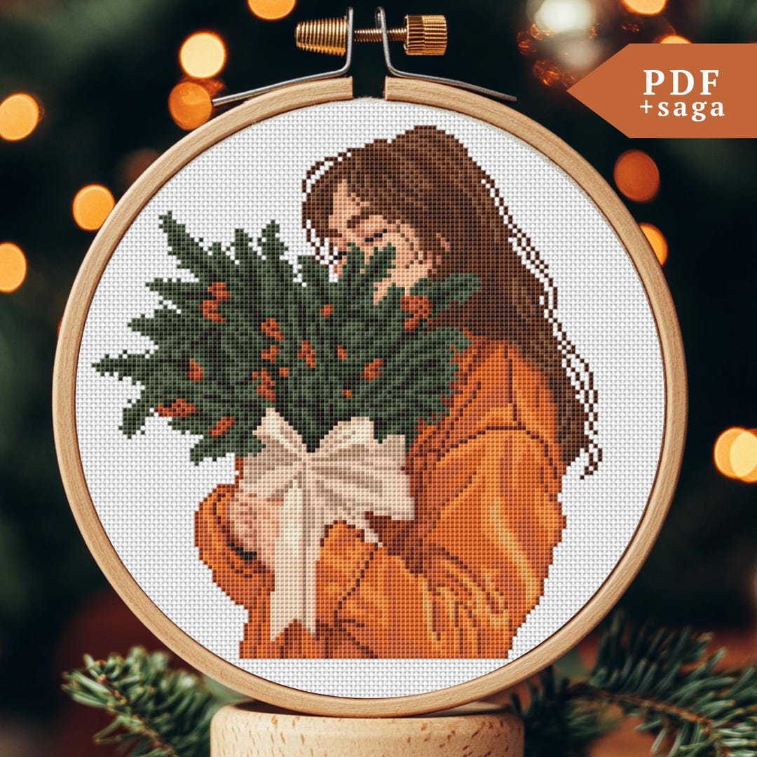 クリスマスツリーを持つ少女のクロスステッチパターン、手刺繍