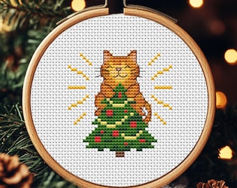 クリスマスクロスステッチパターン、小さな刺繍、面白い猫のクリスマス
