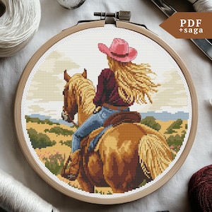 Cowgirl Kreuzstichmuster, Mädchen Handstickerei, xstitch PDF, SAGA, Pferd Kreuzstichvorlage, point de croi, Bauernhof Landschaft, ranch