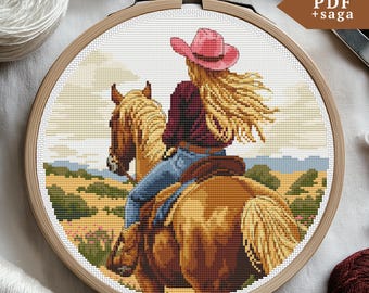 May include: Cross stitch pattern of a woman in a pink cowboy hat riding a brown horse. The woman has long blonde hair and is wearing a burgundy shirt and blue jeans. The horse is running through a field with green grass and brown dirt.