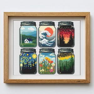 Conjunto de potes com padrão de ponto cruz, natureza em uma garrafa, bordado fácil, mini gráfico moderno de ponto x, download instantâneo em PDF, decoração de parede para casa