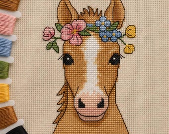 Cute Horse Cross Stitch Pattern PDF, Floral Crown Pony Embroidery Chart, SAGA, Modern Farmhouse Nursery Wall Decor Design