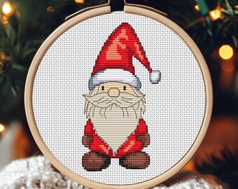 Patrón de punto de cruz de Papá Noel, bordado de gnomo navideño, gráfico de punto de cruz contado de Feliz Navidad, adornos navideños primitivos, PDF