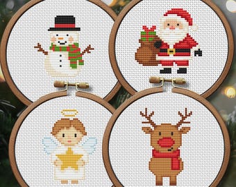 クリスマスオーナメント クロスステッチパターン、ミニ刺繍4点セット、サンタ、天使、トナカイ、雪だるま、手作りツリー装飾