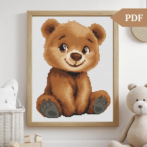 archivio ベージュクマ刺繍 クマのクロスステッチパターン、クマの手刺繍パターン、かわいいクロス
