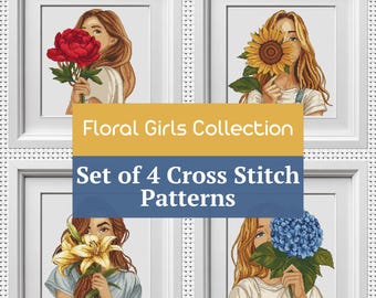 Set of 4 Floral Girls Cross Stitch Patterns, Sunflower Peony Hydrangea Lily Embroidery Bundle, Boho Woman Portrait, Modern xstitch PDF Saga