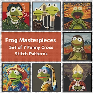 Puede incluir: Un conjunto de siete patrones de punto de cruz que representan a la Rana Gustavo como figuras artísticas famosas. Los patrones incluyen a Gustavo como Van Gogh, la Mona Lisa y otras figuras icónicas. El texto dice "Frog Masterpieces, Set of 7 Funny Cross Stitch Patterns."