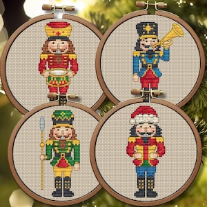 Christmas Nutcrackers Cross Stitch Pattern, Set of 4 Small Embroidery, Christmas ornaments, Handmade tree decor