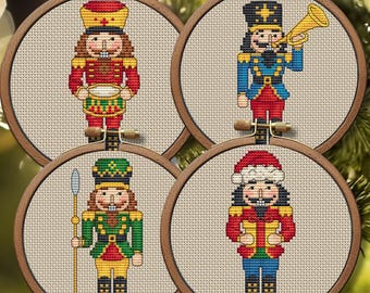 Christmas Nutcrackers Cross Stitch Pattern, Set of 4 Small Embroidery, Christmas ornaments, Handmade tree decor