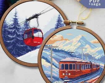 Christmas Cross Stitch Pattern, Christmas Ski Travel Embroidery, PDF, SAGA, Switzerland Mountain Landscape, Red Gondola Lift, Polar Express