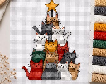 Cats tree Christmas Cross Stitch Pattern PDF, Funny Embroidery chart, Christmas gift, Christmas ornaments, Handmade tree decor