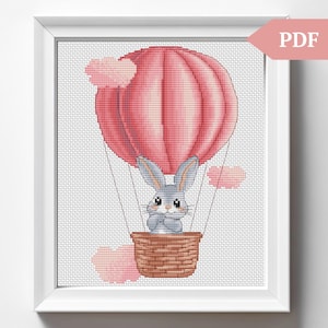 ベビーバニークロスステッチパターン、熱気球の手刺繍パターン、xstitch PDF、女の子の赤ちゃん、ベビーシャワーギフト、保育園の装飾、ピンク