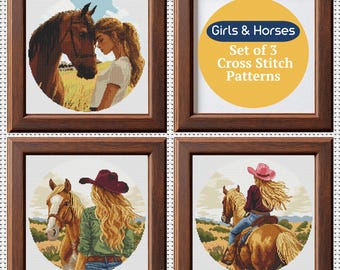 Set of 3 Cowgirl Cross Stitch Pattern, Girl and Horse Hand Embroidery, Woman xstitch, DIY Gift, Farm Cross Stitch, Instant Download PDF