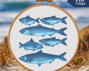 Fish Cross Stitch Pattern PDF, Sea Fish Embroidery Chart, Nautical Wall Decor, Ocean Life Needlepoint, SAGA, Blue Fish Xstitch Pattern