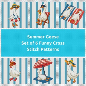 Può includere: Sei schemi a punto croce con oche dei cartoni animati in scene estive. Le oche indossano occhiali da sole e accessori da spiaggia, su uno sfondo a righe blu e bianche. Il testo "Summer Geese" e "Set of 6 Funny Cross Stitch Patterns" sono visualizzati.