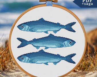 Sardines Cross Stitch Pattern, Beach Hand Embroidery, Animal Decor, SAGA, fish counted xstitch chart, sea Lover gift, Instant download PDF