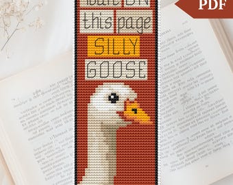 Silly Goose Bookmark Cross Stitch Pattern, mini Hand Embroidery, farm xstitch PDF file, fall, Funny Cross Stitch Chart, Book Lover gift