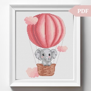Modèle de point de croix bébé éléphant, motif de broderie à la main montgolfière, PDF xstitch, bébé fille, cadeau de baby shower, décoration de chambre d'enfant, rose