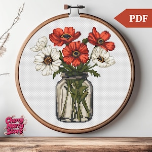 Boeket wilde bloemen kruissteekpatroon, klaprozen bloemen in een fles handborduursteekpatroon, xstitch pdf, doe-het-zelfcadeau, bloemenkaart