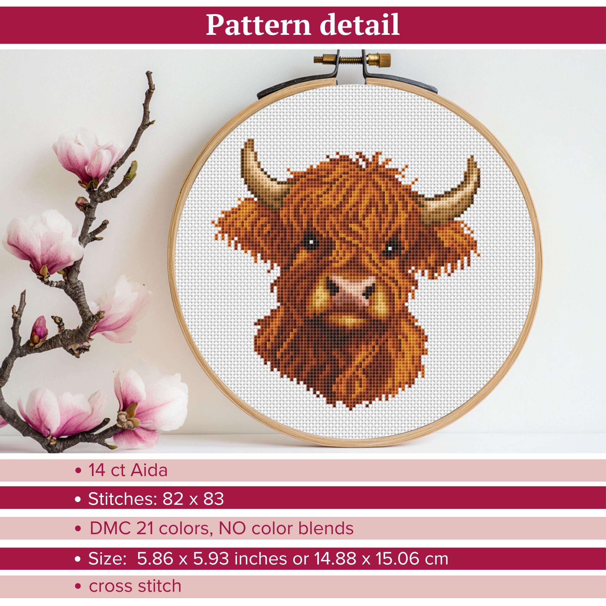 Highland Cow Cross Stitch Pattern PDF, Fluffy Scottish Cow Portrait ...