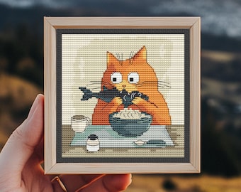 Cat with Fish Cross Stitch Pattern, mini embroidery, counted xstitch chart, Funny Tiny art, home decor, Instant Download PDF