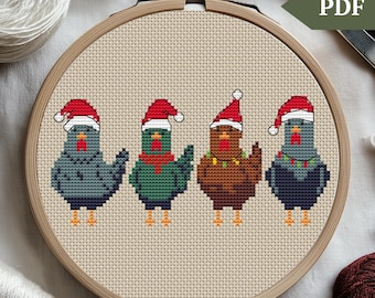 Christmas chickens Cross Stitch Pattern, Embroidery, funny Christmas gift, PDF file, Counted xstitch chart, Farm Animals, Easy for Beginners