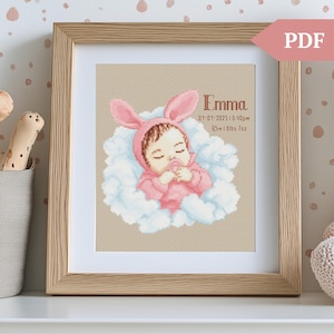 Schema punto croce neonata, schema ricamo a mano, PDF, decorazione personalizzata per la cameretta dei bambini, annuncio di nascita, nome e data di nascita