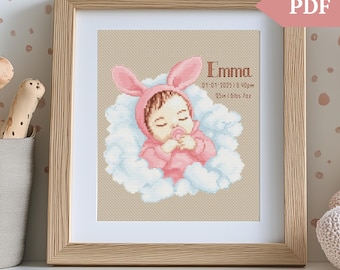 Newborn Baby Girl Cross Stitch Pattern, Hand Embroidery pattern, PDF, Personalized nursery decor, Birth Announcement, Name and Birth Date