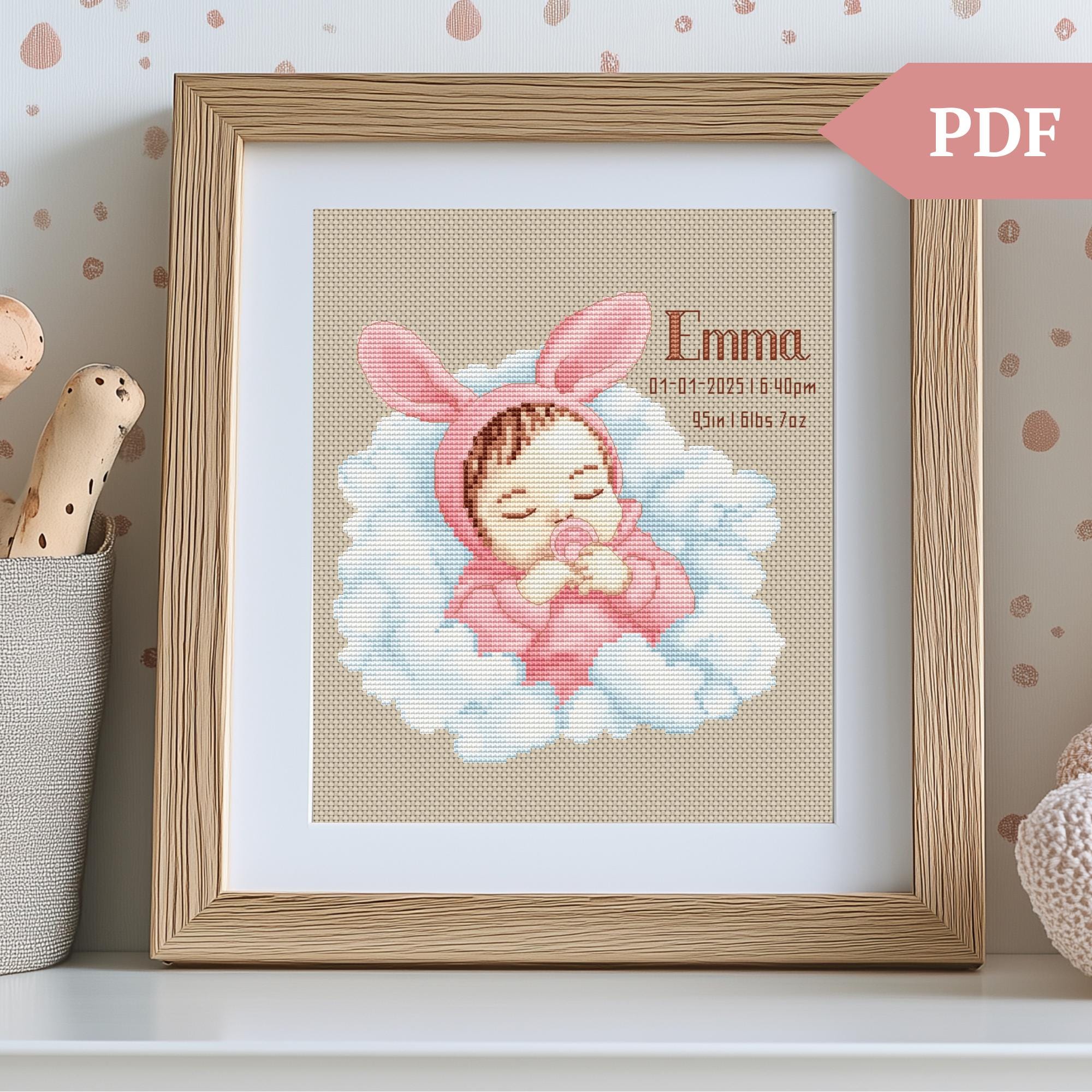 新生児の女の子のクロスステッチパターン、手刺繍パターン、PDF