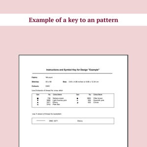 May include: A cross stitch pattern key with instructions for the design "Example". The key includes fabric count, stitch count, size, colours, and symbols. The colours are listed with their corresponding DMC thread numbers and names.