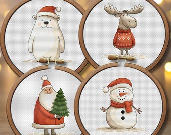 Christmas Cross Stitch Pattern, Set of 4 Small Embroidery, Christmas ornaments, Santa, Bear, Moose, Snowman, Handmade tree decor