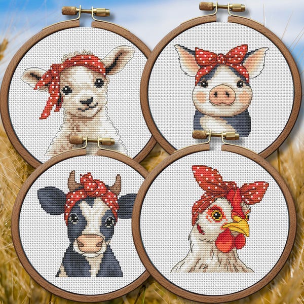 Farm Cross Stitch Pattern, Set of 4 mini embroidery, Chicken, Sheep, Pig, Cow, modern cross stitch chart, PDF, Tiny xstitch, Farmhouse Decor