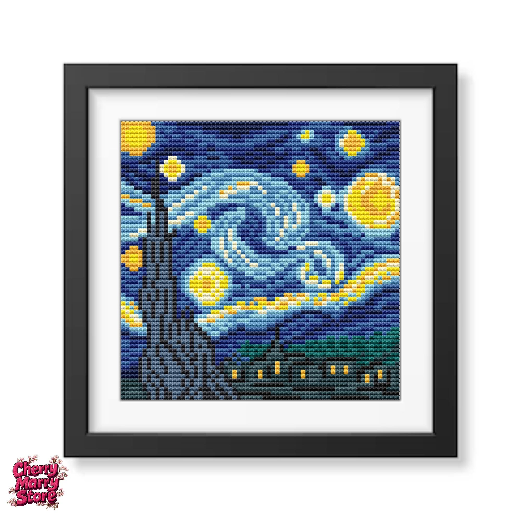 星月夜のクロスステッチパターン、簡単なミニ手刺繍、ゴッホの絵画