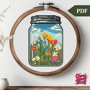 Wildflowers in jar Cross Stitch Pattern, Flowers in a bottle little Embroidery Stitch pattern, xstitch easy mini PDF file, DIY Gift, small