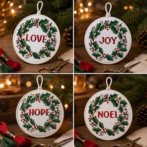 Christmas Cross Stitch Pattern, Small Embroidery, Christmas Wreath ornaments, Love, Hope, Joy, Noel, Handmade tree decor