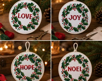 Christmas Cross Stitch Pattern, Small Embroidery, Christmas Wreath ornaments, Love, Hope, Joy, Noel, Handmade tree decor