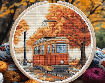 Autumn Tram Cross Stitch Pattern, Hand Embroidery, PDF, SAGA, street fall xstitch Chart, Autumn town, point de croix, punto de cruz